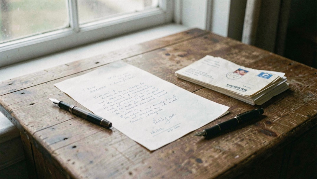 Wooden desk by a window with letter paper, a fountain pen and a small stack of unopened mail