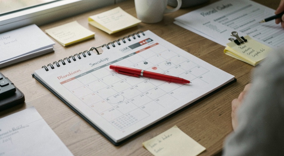 Desk with a printed calendar, a red pen and clipped notes arranged for a planning session