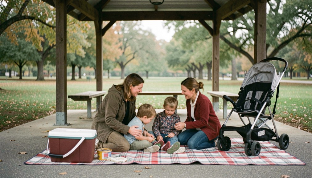 Parent and two children sharing a picnic blanket under a park pavilion with a stroller and a cooler beside them