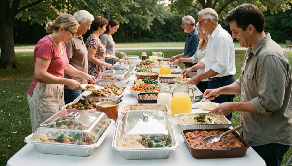 Long potluck table with covered dishes, casseroles and lemonade pitchers where neighbors serve themselves outdoors