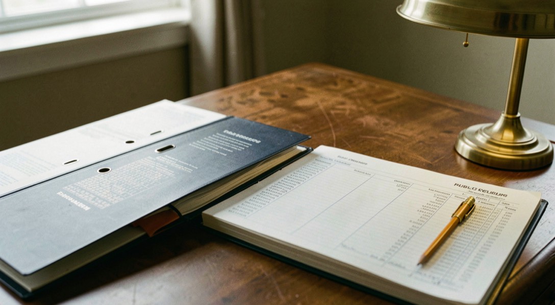 Printed state budget binders and a salary ledger open on a public records desk beside a brass lamp and a pencil