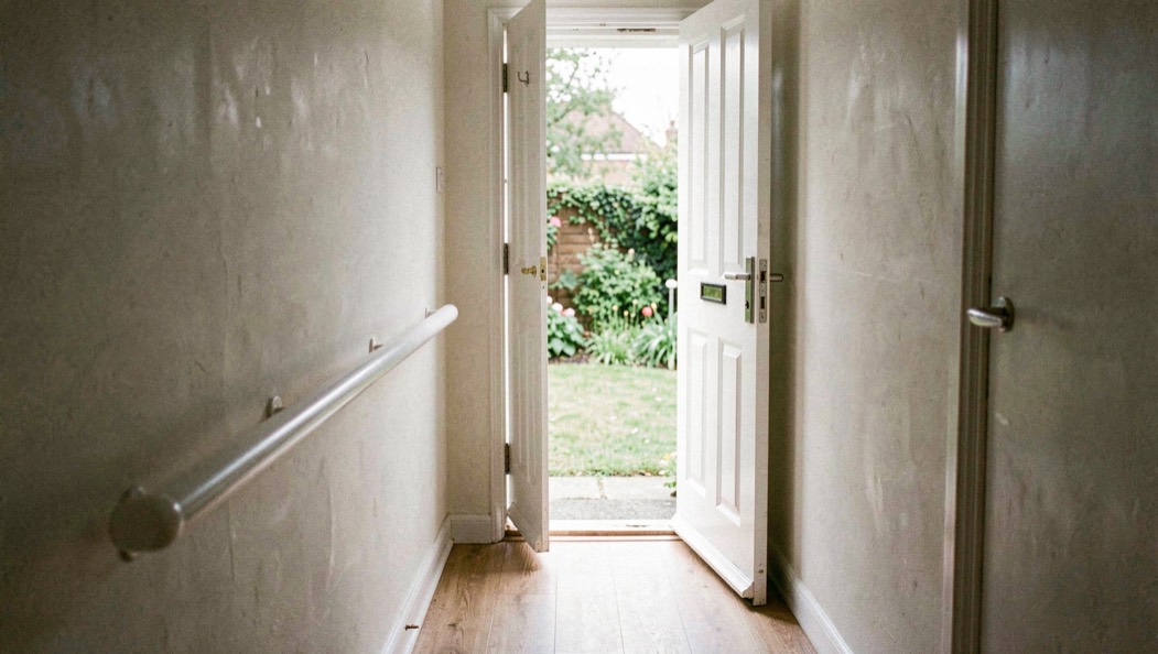 Bright hallway of a small bungalow with a white grab rail beside a half open front door and a garden beyond