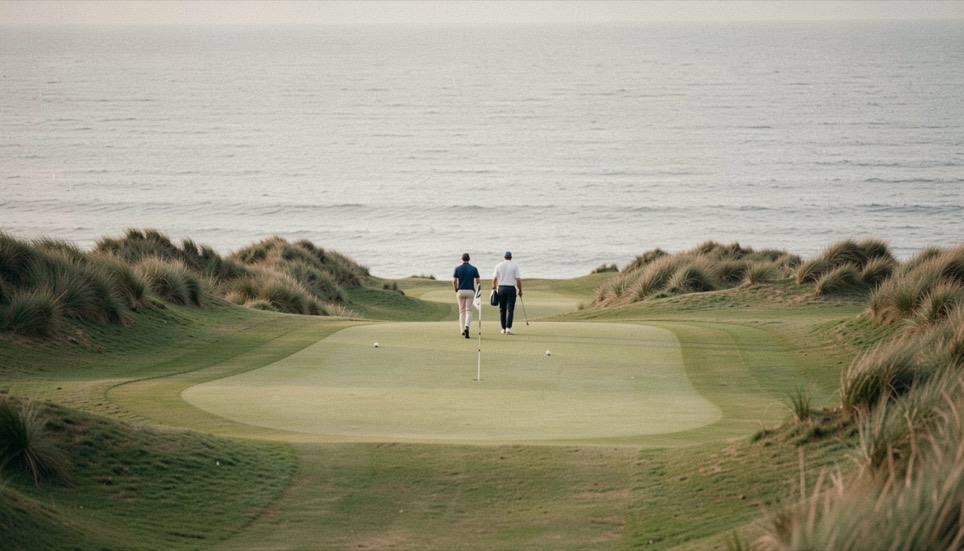 Links golf fairway running between grassy dunes toward a grey sea with two golfers walking away under soft light