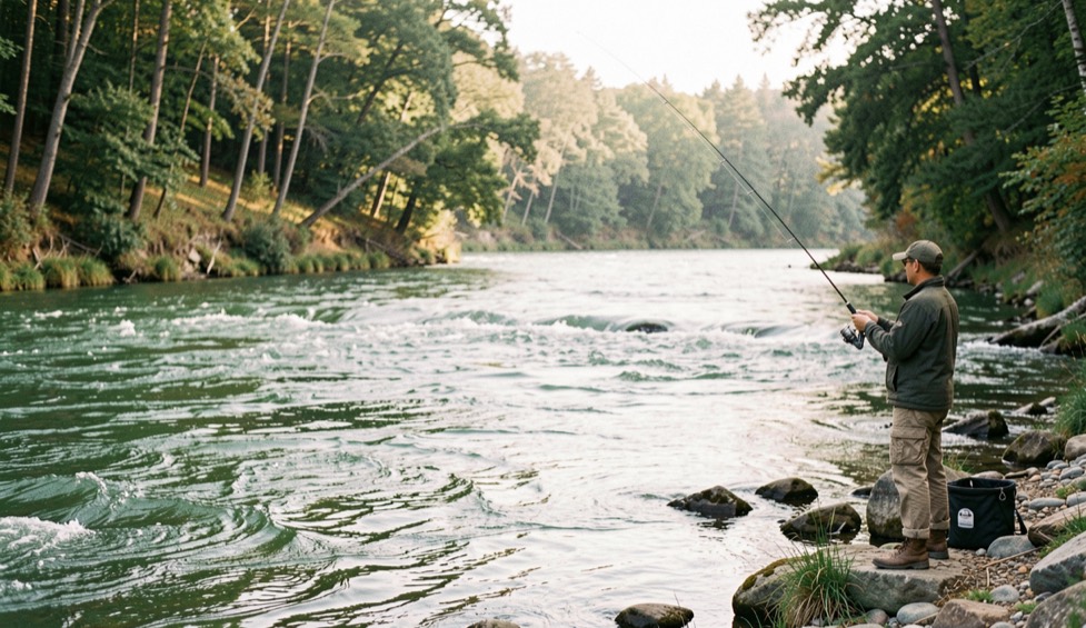 Wide green river running fast between wooded banks with an angler casting from a rocky shore in morning light