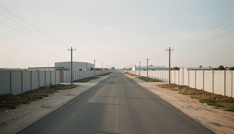 Flat industrial estate road lined with new plots, electricity poles and boundary walls under a wide pale morning sky
