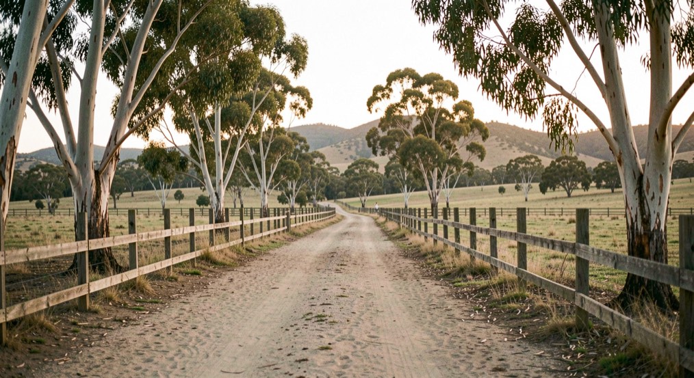 Sandy bridle trail winding between eucalyptus trees and fenced pastures toward low hills in golden afternoon light