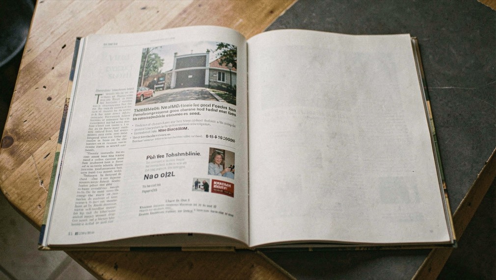 Open magazine showing a clearly marked advertisement page beside an unmarked editorial page