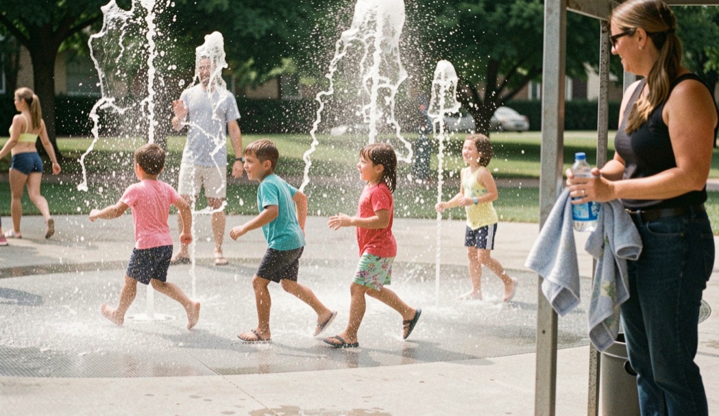 Children running through a splash pad fountain while a parent holds towels and a water bottle in the shade