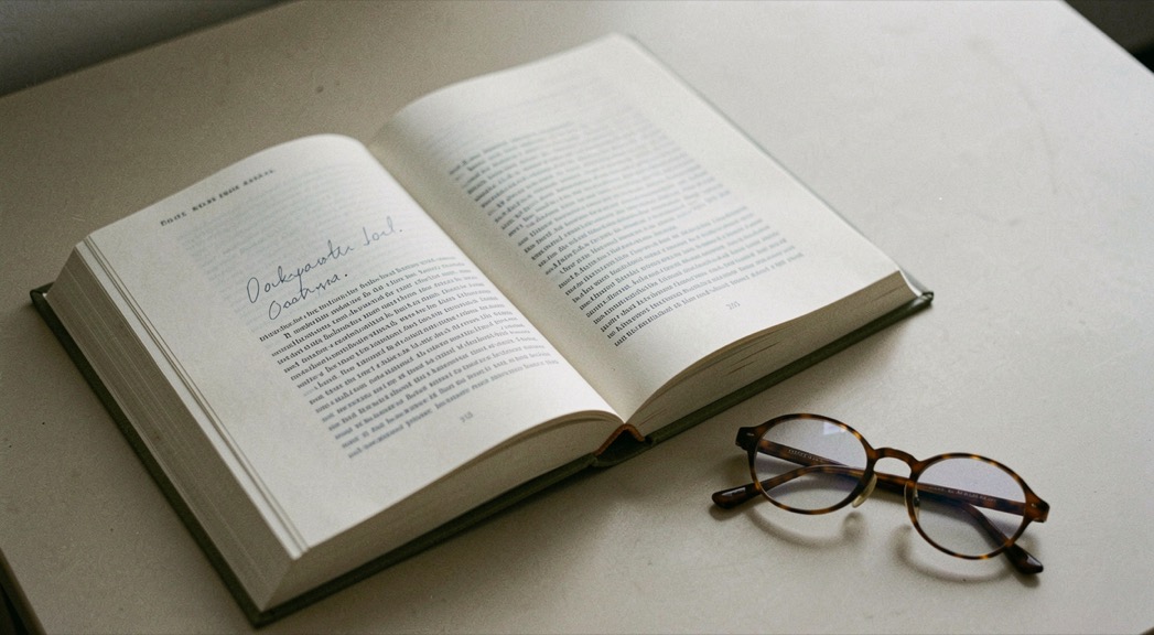 Hardcover reference book open to a marked page beside reading glasses on a plain desk