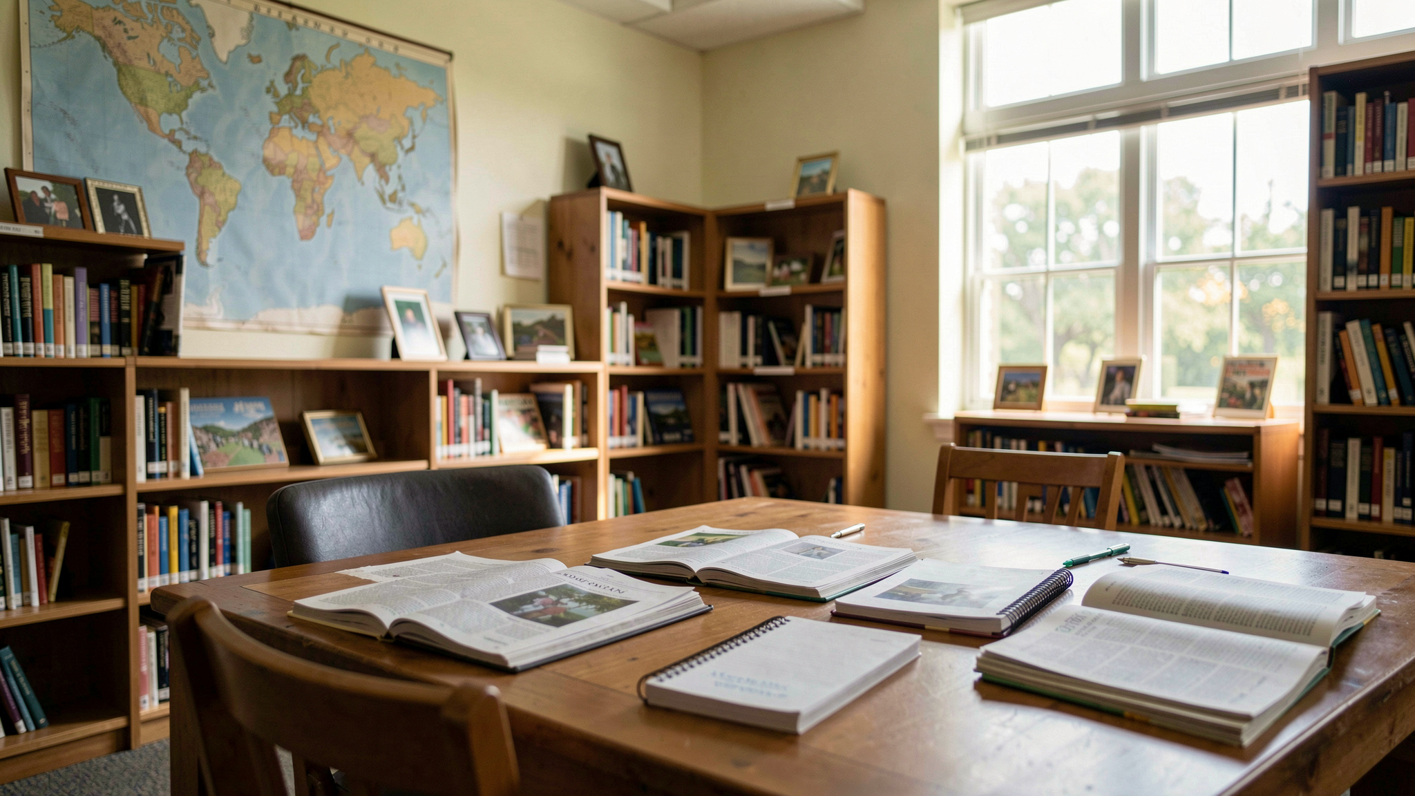 A public library reading room in Brandon, Florida, with a world map on the wall, open newspapers and notebooks on a wooden table, and soft afternoon light through the windows.