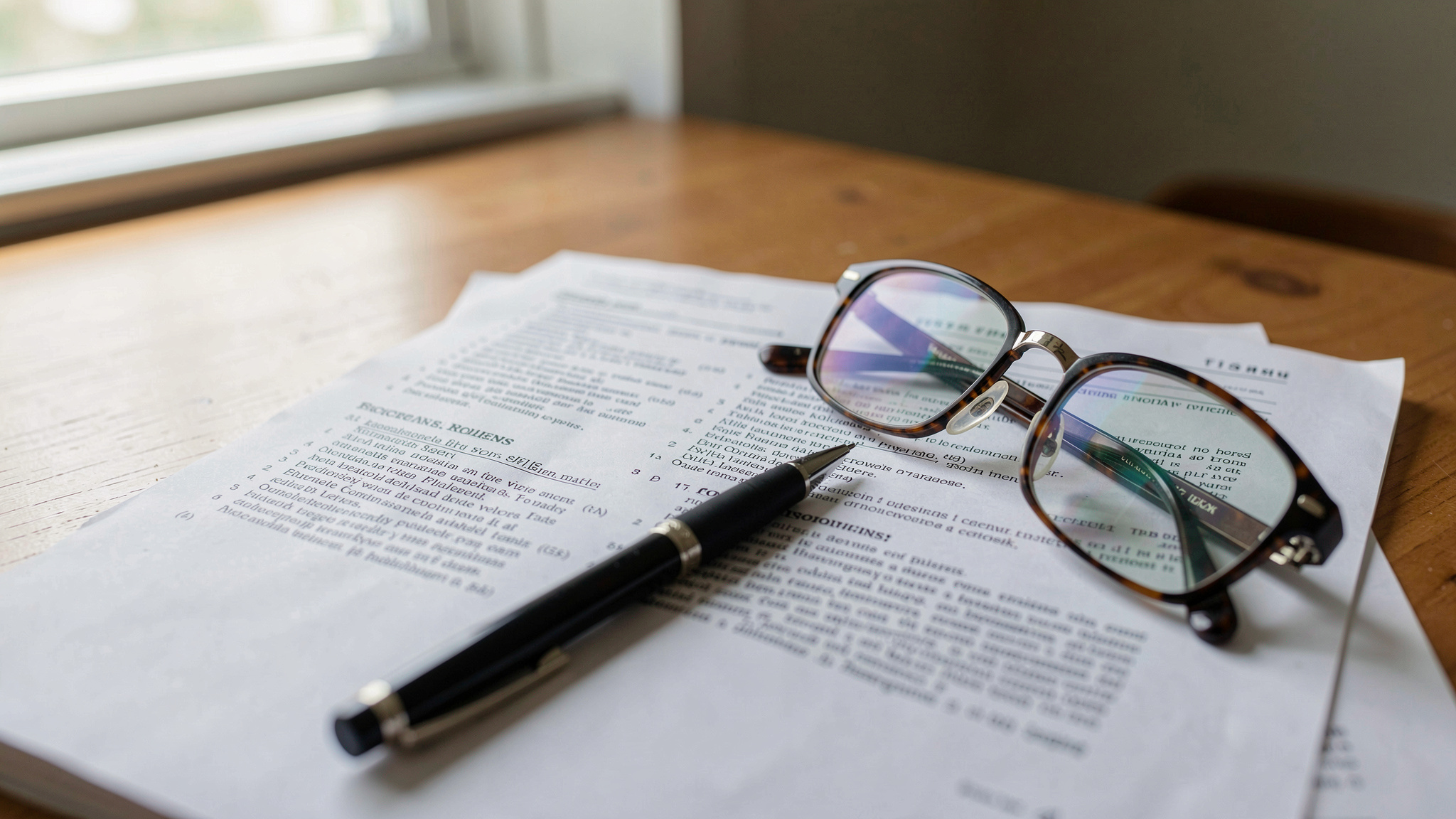 A close-up of a printed policy journal on a wooden desk, with a pen and a pair of glasses resting on it, lit by soft natural light from a window.