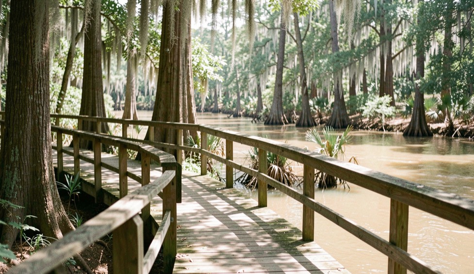 Wooden boardwalk with simple rails crossing a shaded cypress swamp beside a slow tea-colored river, sunlight filtering through the canopy